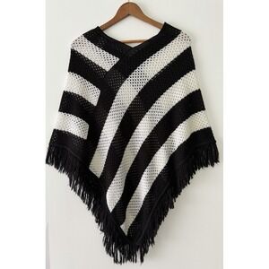 TANGO Black Cream Fringed Poncho Lightweight Semi-Sheer Festival Fairy‎ One Size